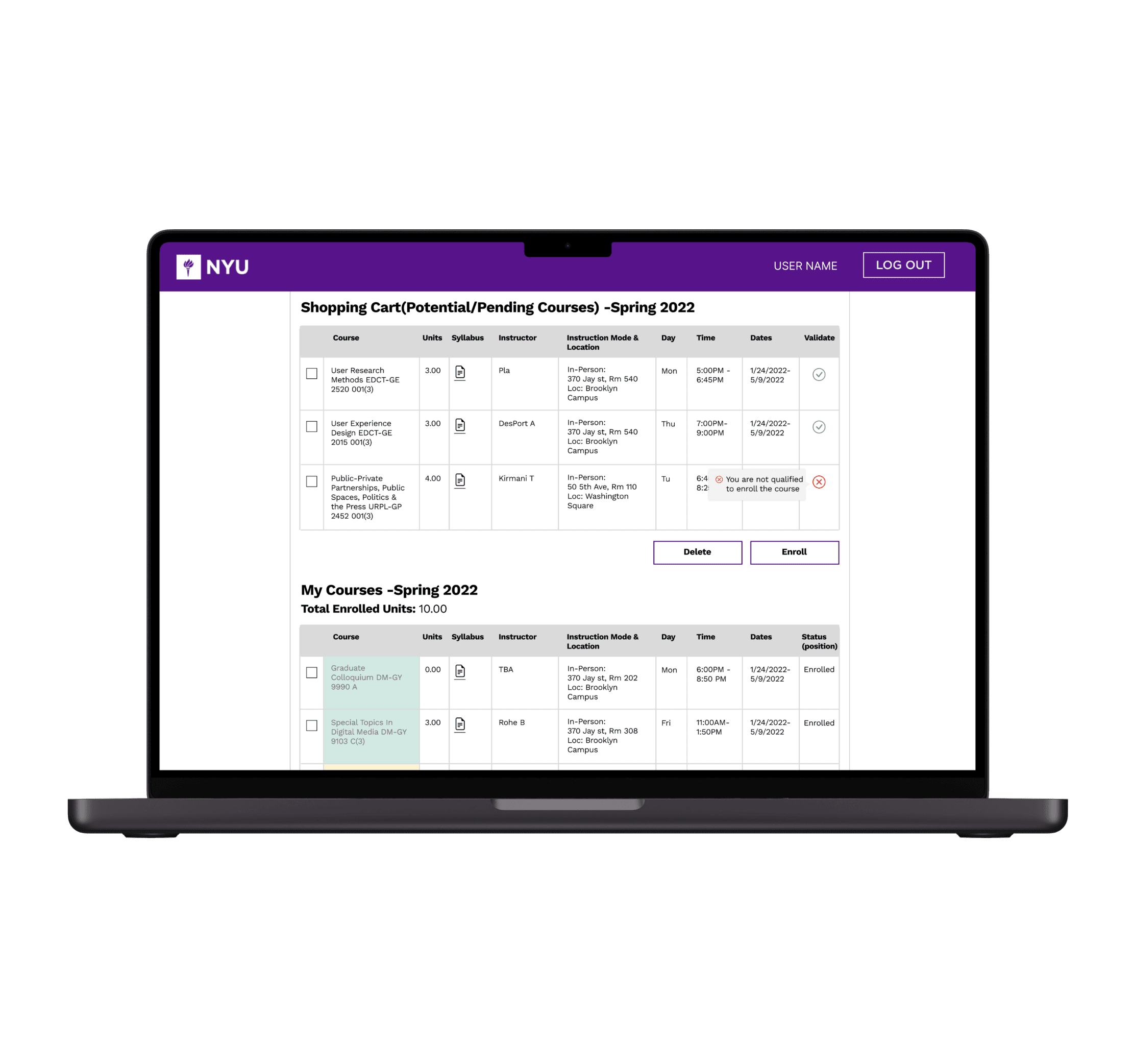 NYU Albert course enrollment system mockup