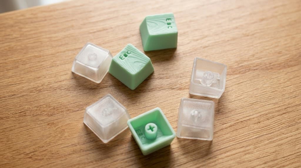 3D-printed mint and translucent keycaps on a wooden table
