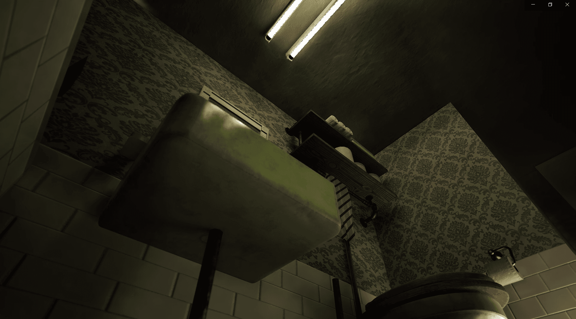 First-person Unreal Engine interior looking up at a green sink