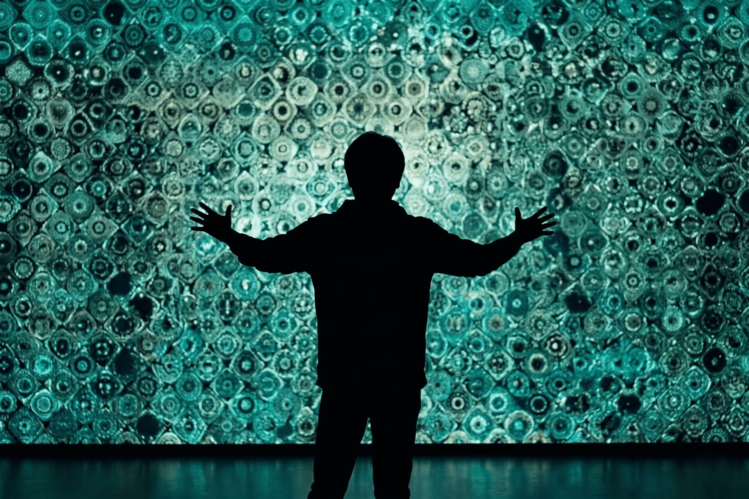 Silhouette standing in front of a generative circular-pattern wall