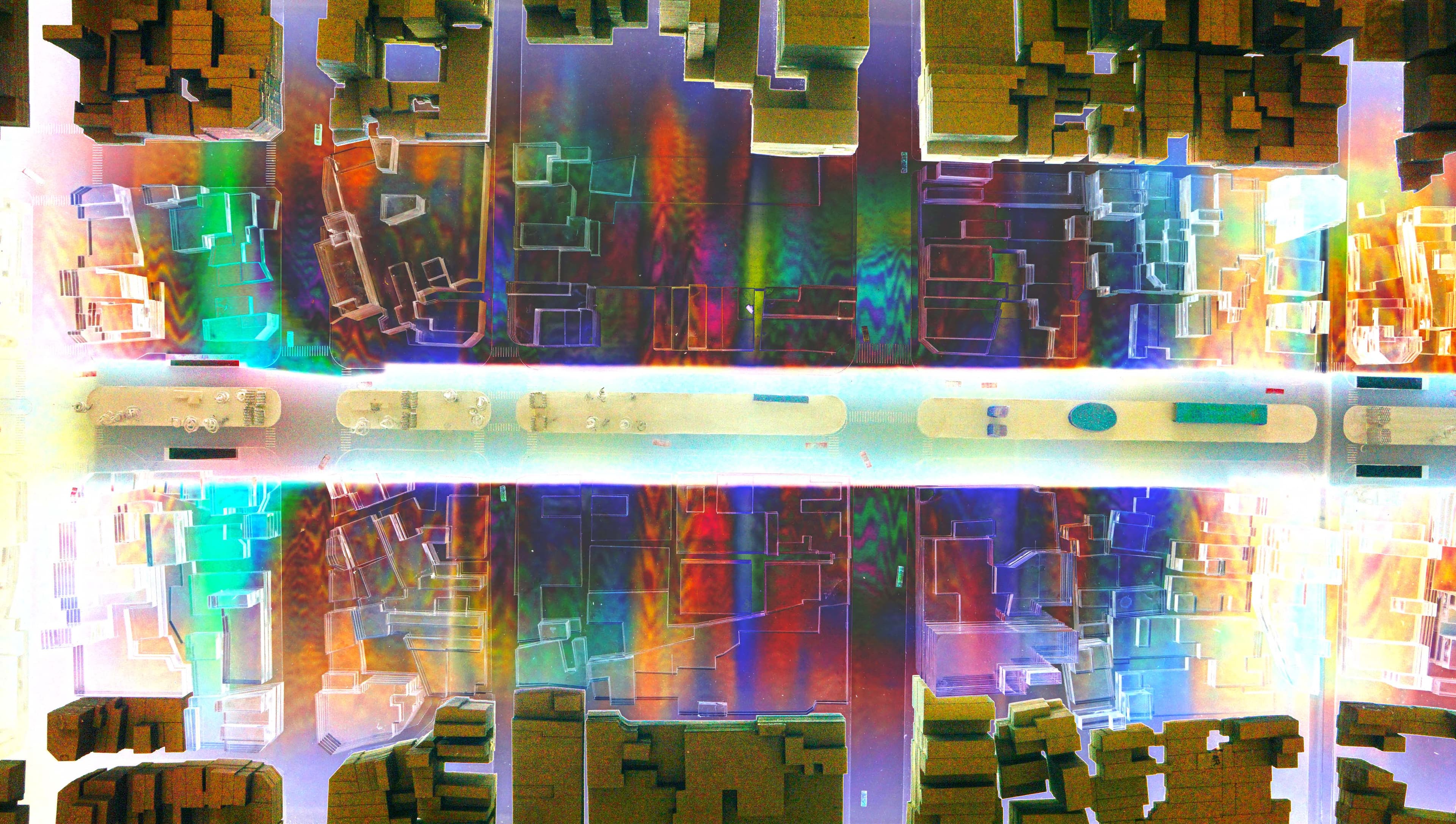 Colorized aerial visualization of a Tainan street as light and form data