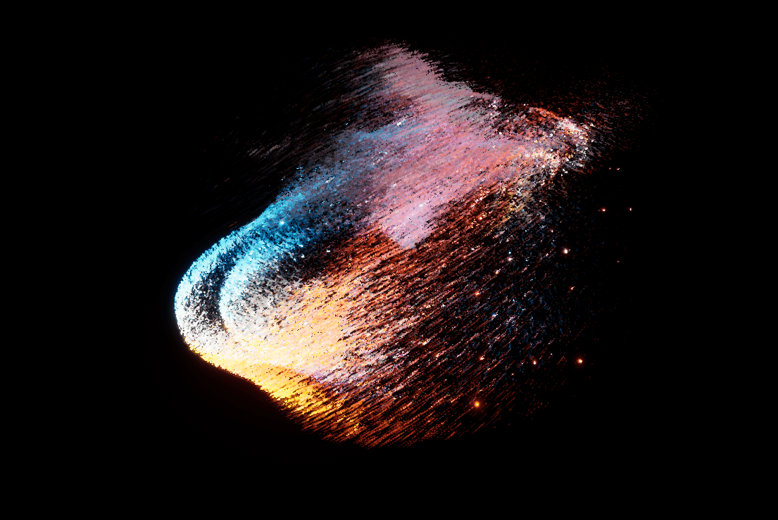 Particle burst forming a figure against a black background