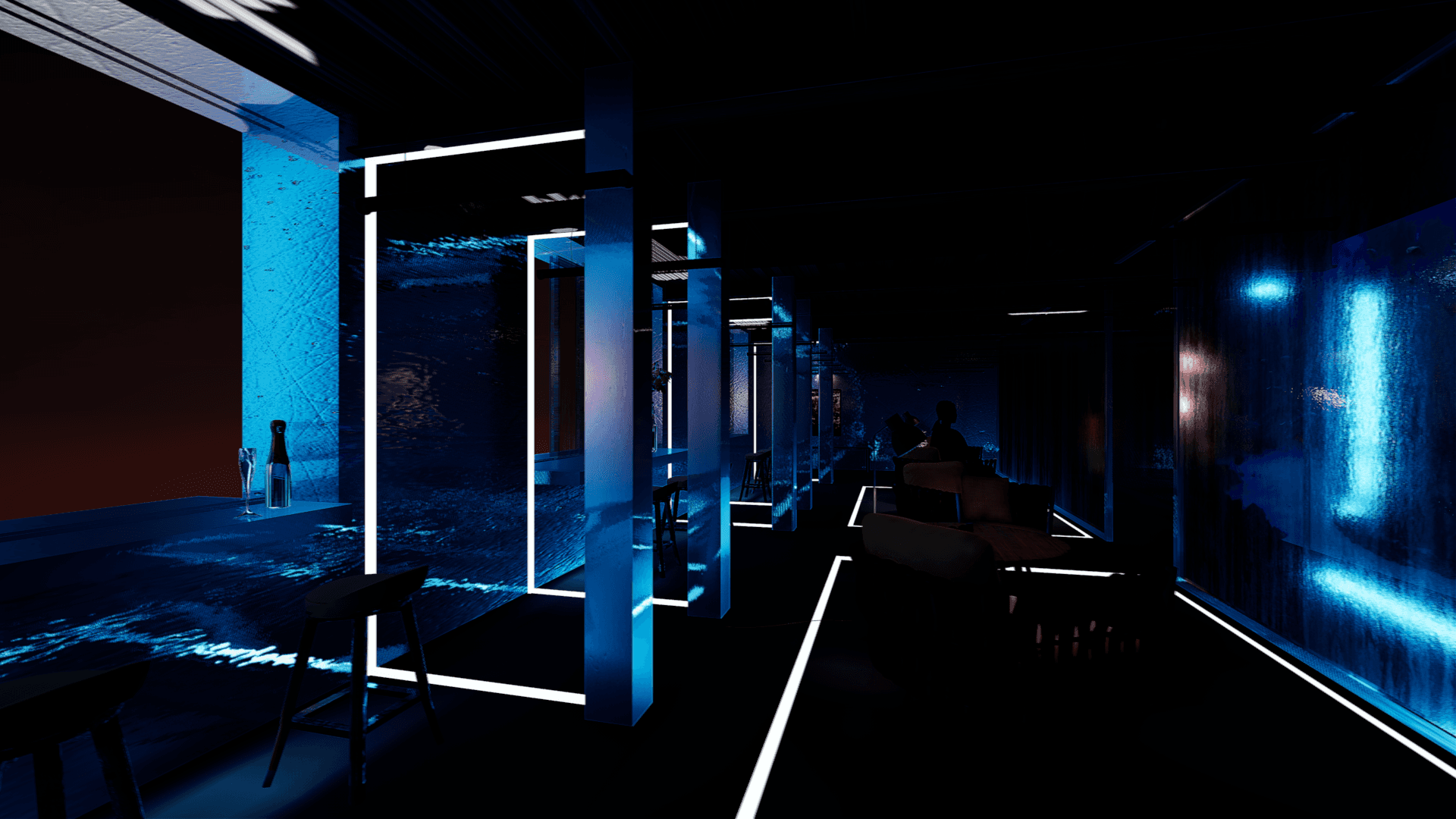 Unreal Engine lounge interior with neon frames and blue lighting