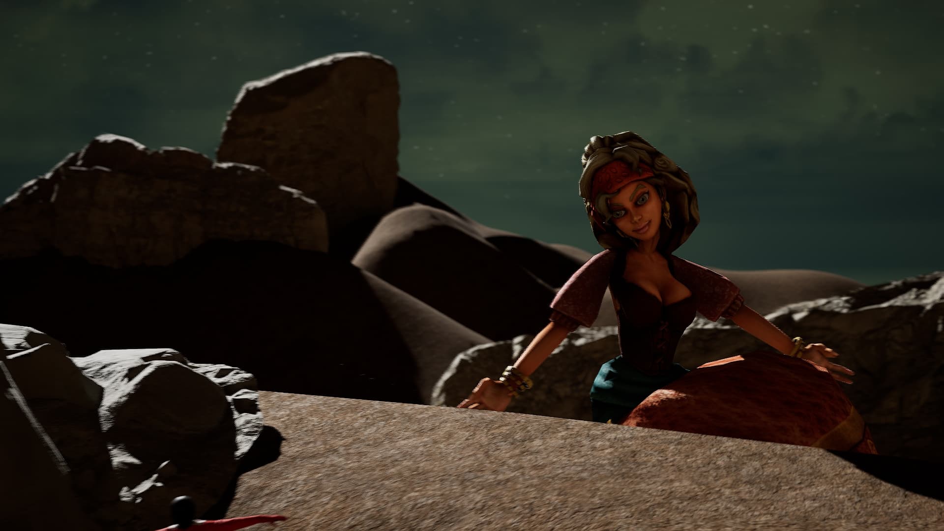 Stylized character sitting among rocks under a night sky