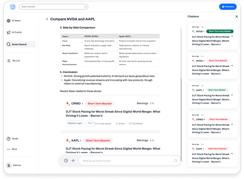 Smart Search results comparing NVDA and AAPL with citations sidebar