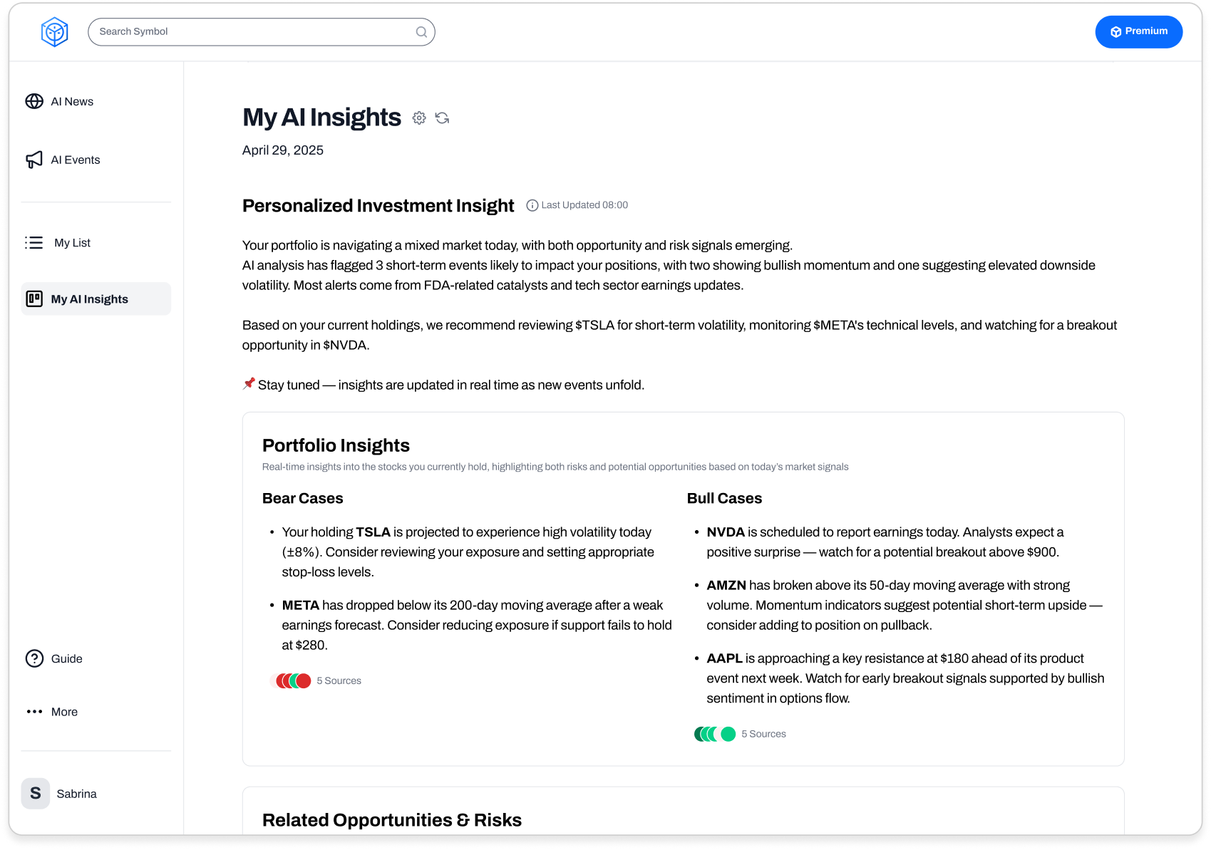 Personalized Dashboard showing My AI Insights with portfolio bear and bull cases