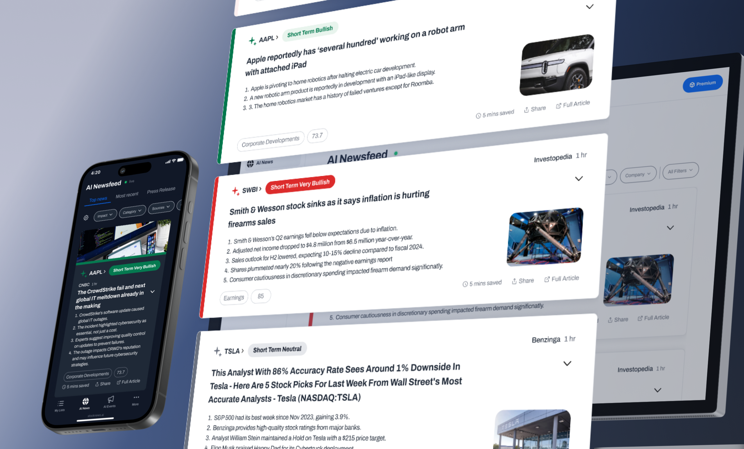 Final StockNews.ai product visual — desktop newsfeed with mobile views